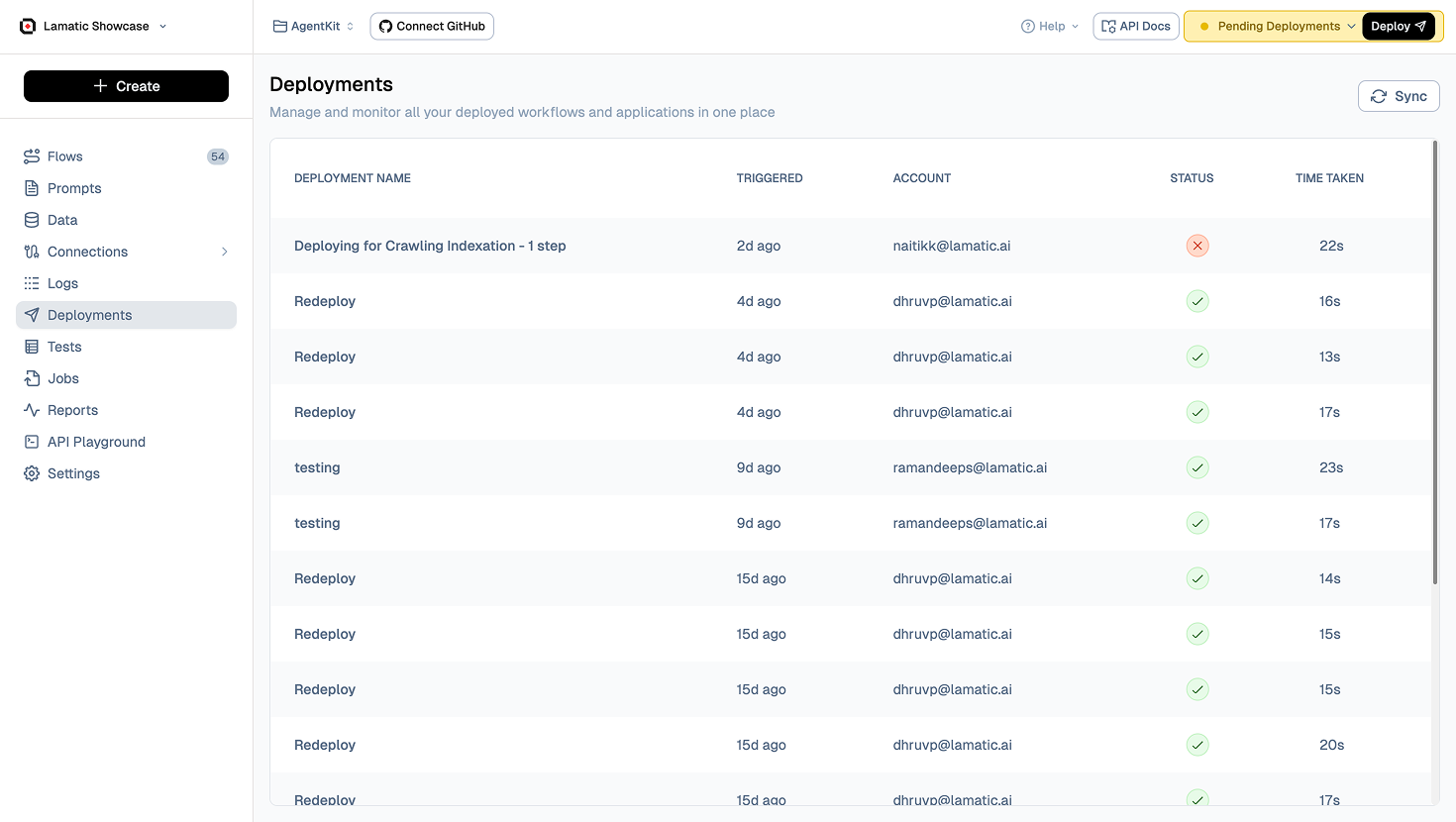 Lamatic Studio Deployments page with deployment history